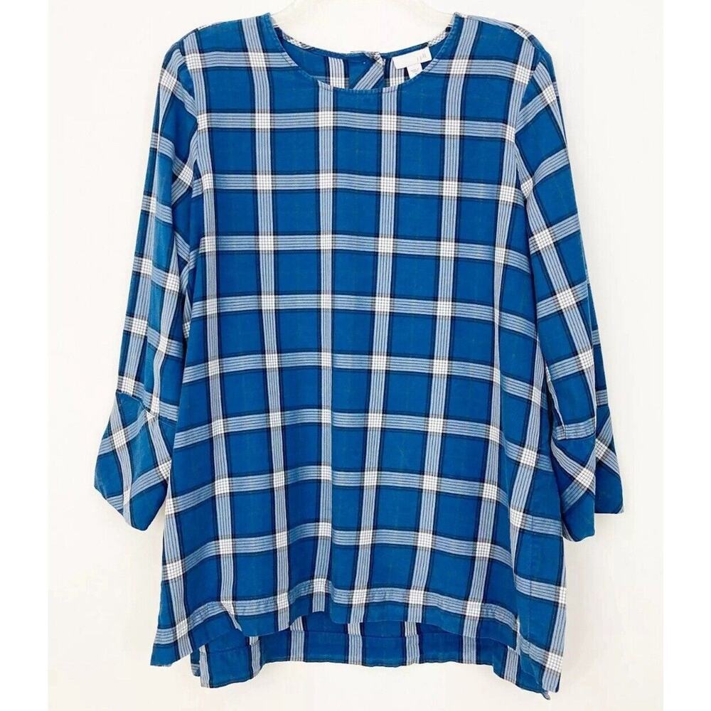 J. Jill Atlantic Plaid Tunic Top size XS Petites Hi-lo Button Back blue